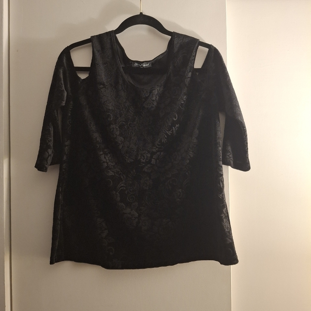 Slinky Brand Cold Shoulder Velvet Black Women's Top With Floral Pattern